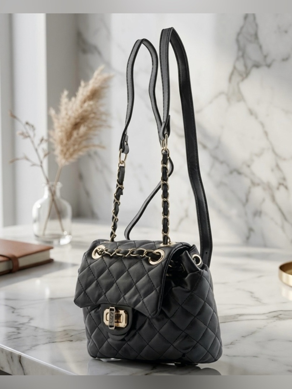 Badgley Mischka Black Quilted Micro Mini Backpack Purse Adjustable Straps - Picture 2 of 9
